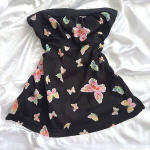 Self Esteem Butterfly Print Mesh Tube Top Black Multi Y2K Strapless Small